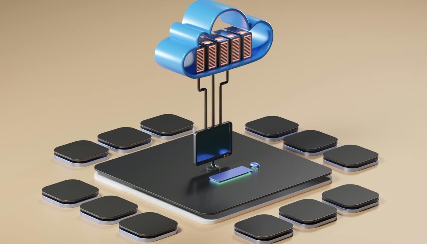 A 3D render of a cloud connected to rows of servers on a platform