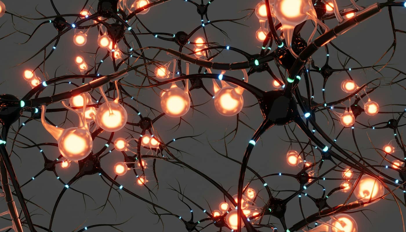 Glowing neurons connected by fine branching fibres
