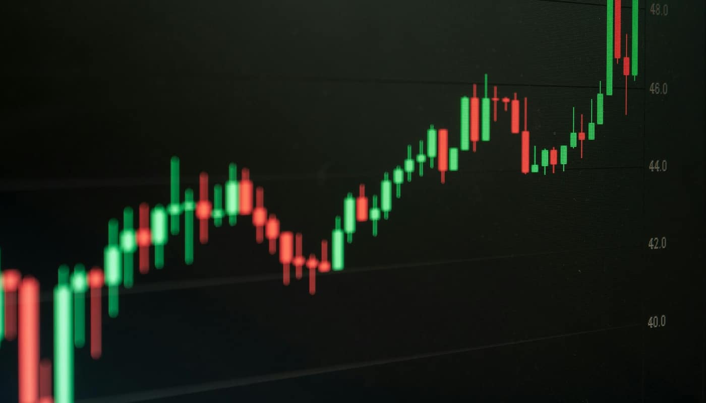 A candlestick chart with green and red bars on a dark screen showing a rising trend