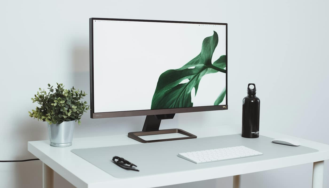 A monitor on a white desk beside a plant and a drinks bottle